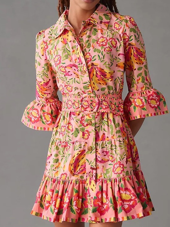 FARM Rio Dresses & Skirts - Farm Rio Painted Bananas Ruffle Shirt Midi Dress Size Large